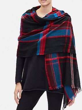 Eileen Fisher Black Plaid Wool and Organic Cotton Plaid Scarf